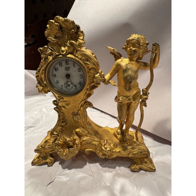 Metal Antique Art Nouveau Figural Statue Desk Clock by Waterbury For Sale - Image 7 of 7