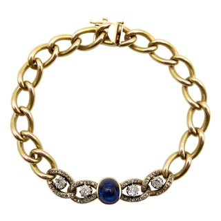 Late 19th Century Victorian 14k Gold Curb Link Bracelet With No-Heat Sugarloaf Sapphire and Old Mine Cut Diamonds For Sale