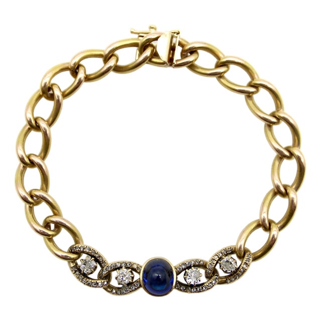 Late 19th Century Victorian 14k Gold Curb Link Bracelet With No-Heat Sugarloaf Sapphire and Old Mine Cut Diamonds For Sale