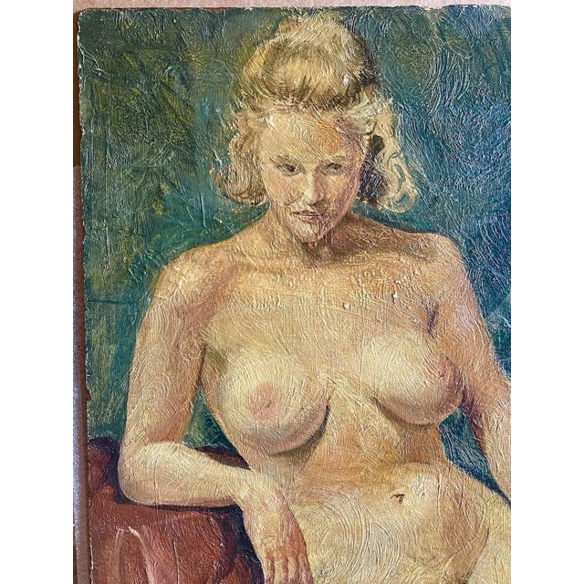 Vintage Mid Century Modern SEATED NUDE GLAMOUR 2 SIDED Oil Painting Reverse MCM For Sale - Image 9 of 12