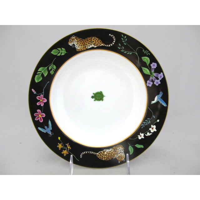 Darling Lynn Chase Jaguar Jungle theme rimmed soup bowl set of 4. Porcelain with colorful feline, humming bird, turtle,...