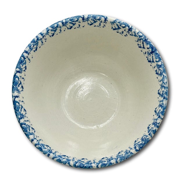 Best Large 13 Inch Antique American Blue Spongeware Decorated Stoneware Kitchen Mixing Bowl in Excellent Condition For Sale - Image 16 of 18