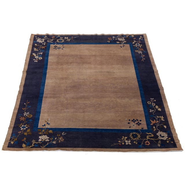 Art Deco Antique Chinese Art Deco Rug Navy & Taupe Floral Wool 8x10 For Sale - Image 3 of 10