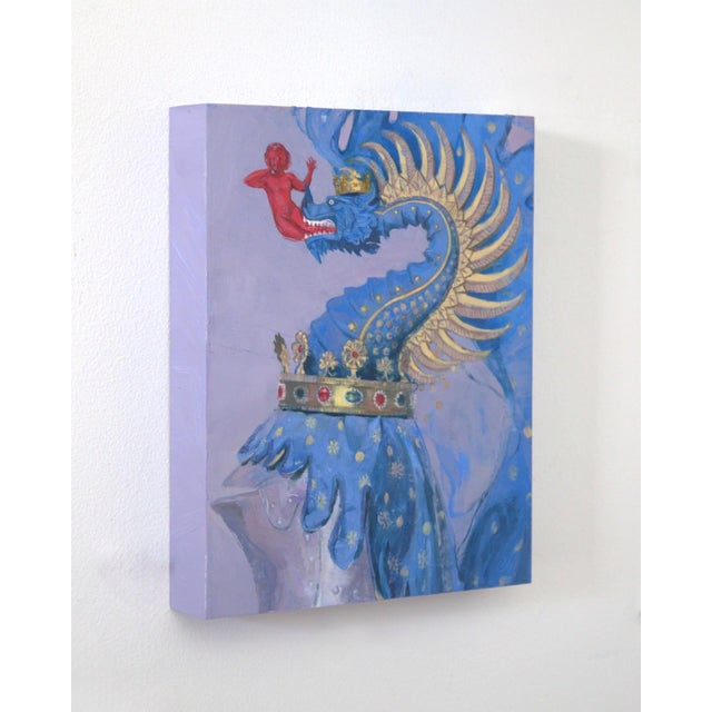 Italian Protector of The House by Elena Burykina | Oil on panel Blue dragon with a red figure in its mouth. For Sale - Image 3 of 5
