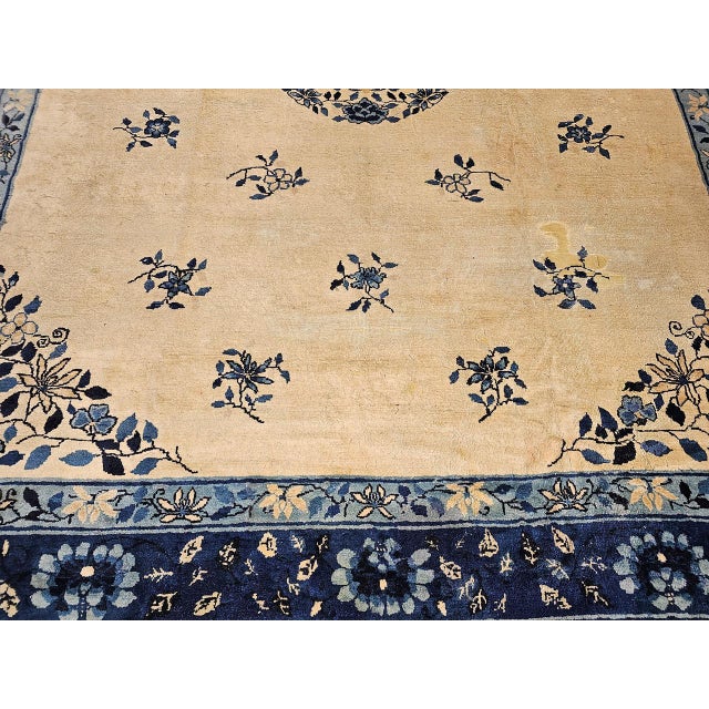 Antique Chinese Peking Rug, Hand-Knotted Wool, Floral Design, Ivory, 9' x 12' For Sale - Image 15 of 18