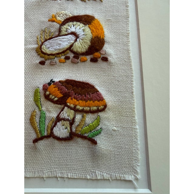 Green Mid 20th Century Framed Mushroom Textile Art Needlepoint Collage Folk Art For Sale - Image 8 of 9