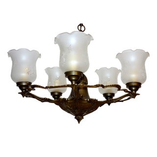 Antique French Brass and Glass Chandelier from Unbekannt, 1920s For Sale