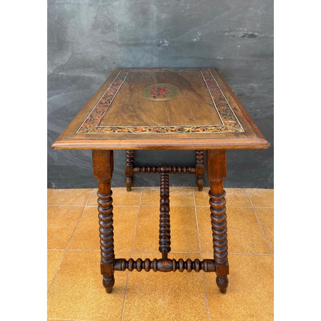 Spanish Barley Twist Table with Inlaid Marquetry Top, Early 20th Century For Sale - Image 4 of 13