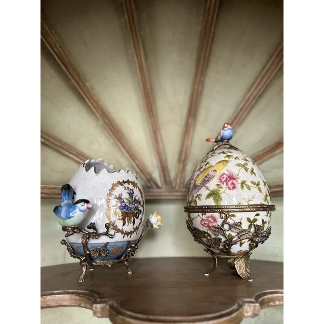 Contemporary Ceramic Egg with Bird and Flower with Bronze Base For Sale - Image 3 of 5