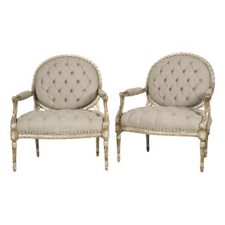 Pair of Louis XVI-Style Modern Wide Painted Armchairs Tufted New Linen For Sale