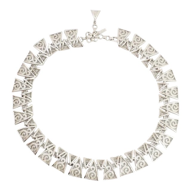 Vintage 1960s Signed Monet Rhodium Plated Interlocking V Shapes Collar Necklace For Sale