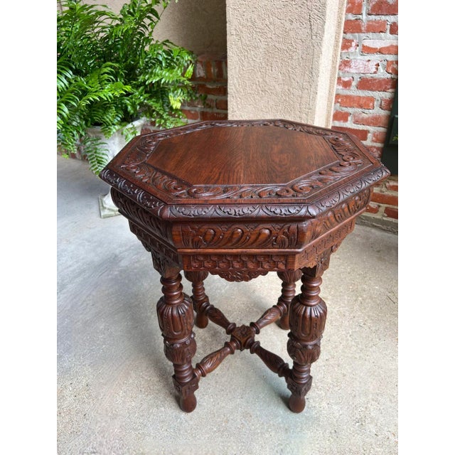 Brown Petite Antique French Octagon Center Side Table Renaissance Carved Oak For Sale - Image 8 of 12