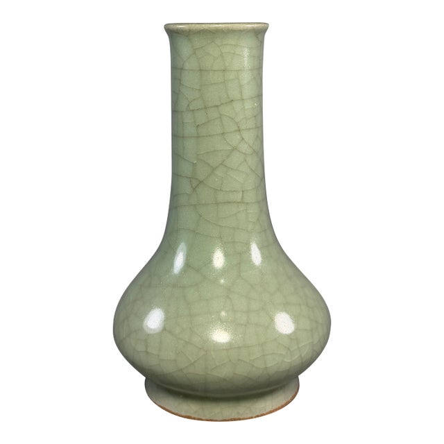 Antique Chinese Celadon Crackle‑Glaze Long‑Neck Vase, Collectible Antique For Sale