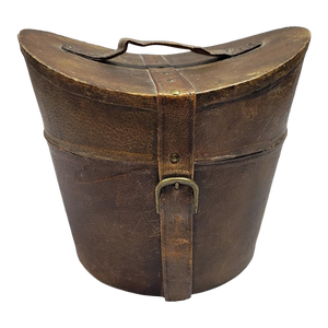 19th C Wood and Leather Men's Hat Box With Brass Buckle