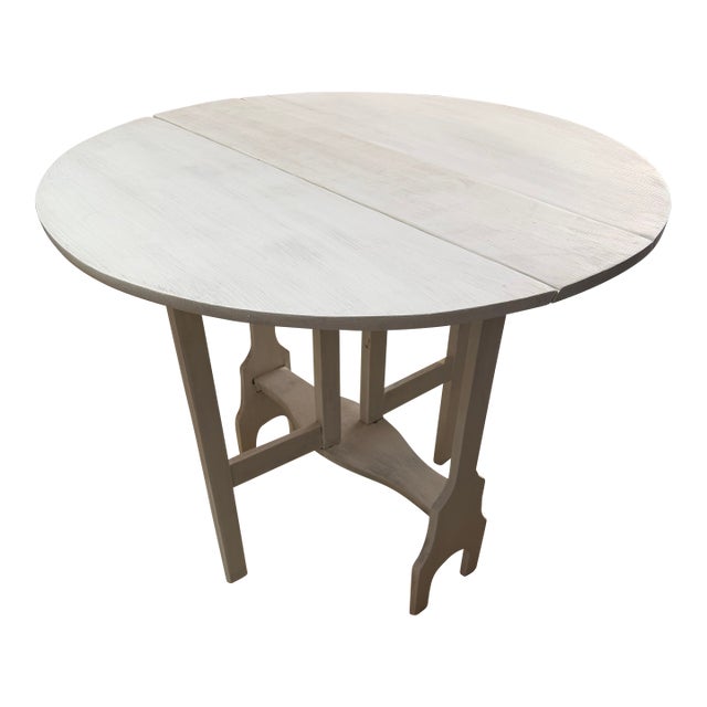 Vintage Whitewashed Drop-Leaf Round Accent Table in the Swedish Country Style For Sale