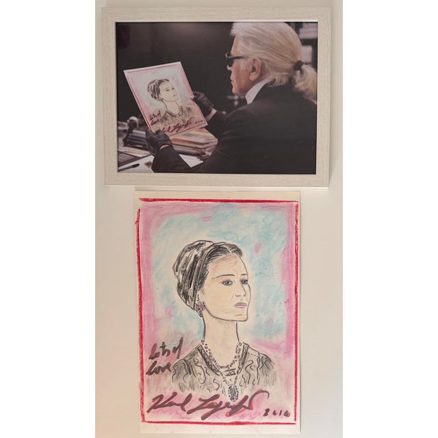 Rare original drawing by legendary fashion designer Karl Lagerfeld, depicting Sheikha Moza bint Nasser, one of the most...