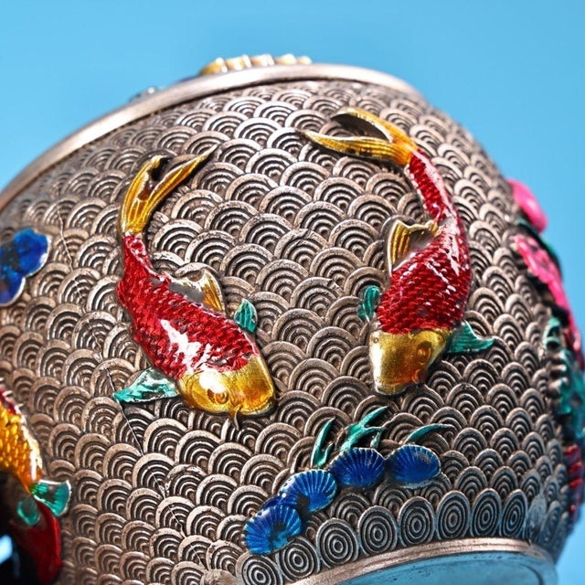 Silver Vintage Silver and Enamel Lidded Jar With Koi Fish and Lotus Motif For Sale - Image 8 of 9