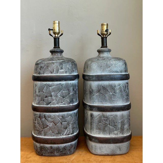 Black Vintage Geometric Ceramic Table Lamps - Pair For Sale - Image 8 of 12