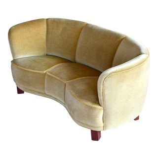Danish Banana Form Curved Sofa in Original Green Mohair, 1940s For Sale