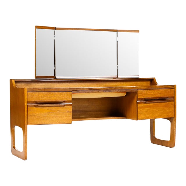 1960s Danish Modern / Mid Century Low Teak Vanity / Dressing Table — Meredew — Adjustable Mirror For Sale