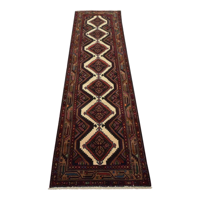 Hamedan Runner 2’9” X 9’2” Ivory Wool Vintage Tribal Hand-Knotted Rug For Sale