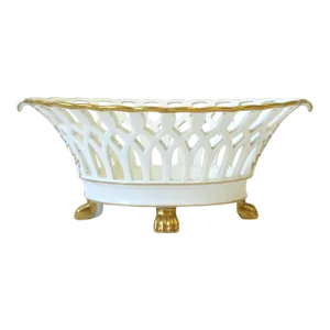 White and Gold Pierced Porcelain Compote Basket Bowl Regency Empire Style