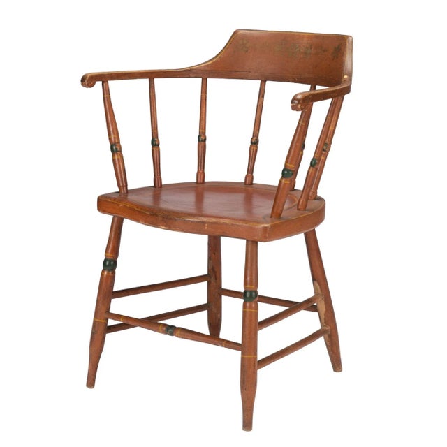 American Sheraton Windsor fancy chair in original oxide red painted finish with accent bands of green. There is a...