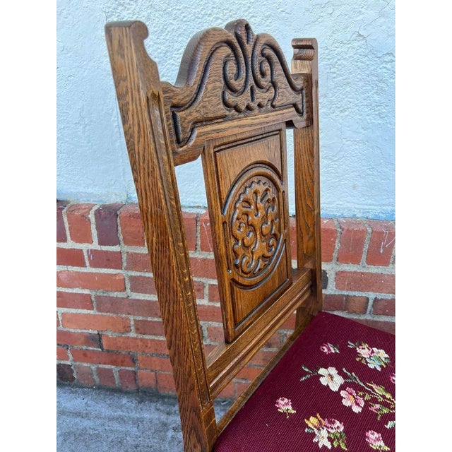 Pair of Antique Jacobean Style Solid Tiger Oak Needlepoint Dining Chairs, 19th Century For Sale - Image 11 of 11