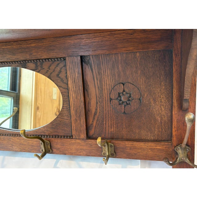 Antique Coat Rack With Mirror, Top Shelf and Six Hooks For Sale In Dallas - Image 6 of 12