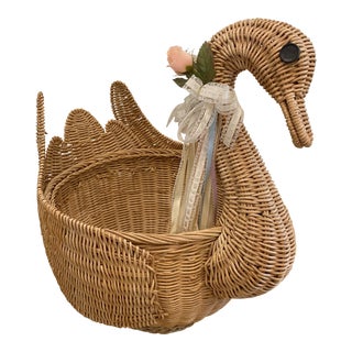 Large Vintage Golden Wicker Swan Plant Holder Basket For Sale