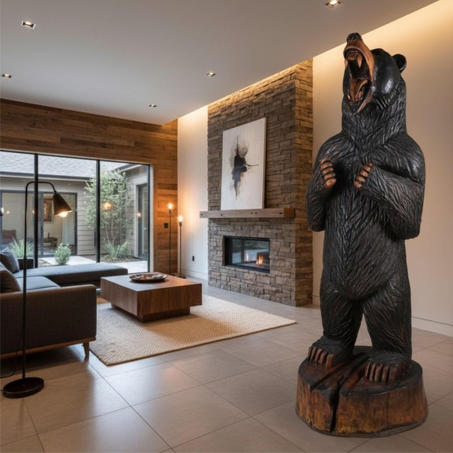 Life Size 6 Foot Handcrafted Wood Carved Black Bear Sculpture For Sale - Image 4 of 16
