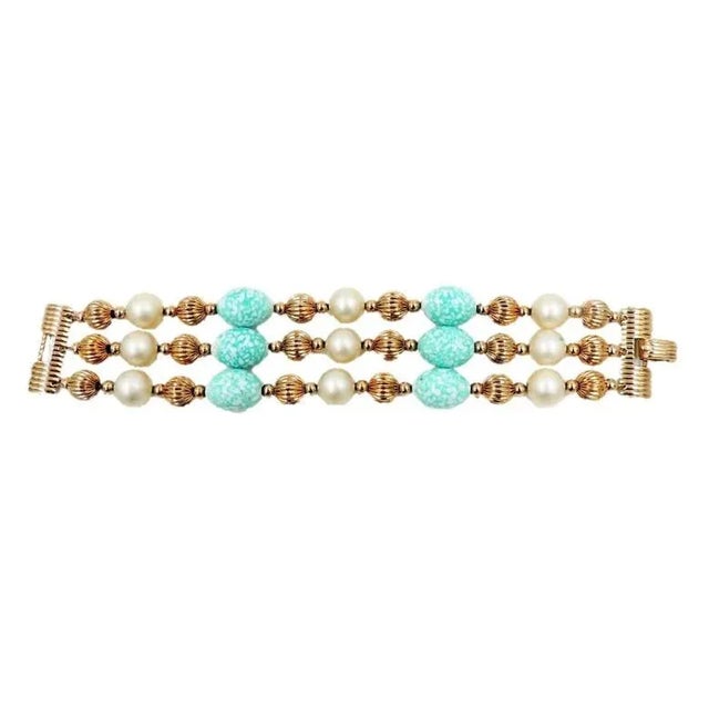 Vintage 1960s Signed Napier Book Piece Faux-Pearl & Faux-Turquoise Bead Bracelet For Sale - Image 10 of 10