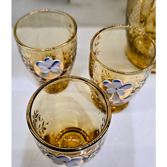 Amber Vintage Italian Murano Tre Fuochi Amber Glass Decanter & 6 Cordial Glasses – 24k Gold Gilt, Hand-Painted High Enamel Flowers For Sale - Image 8 of 12