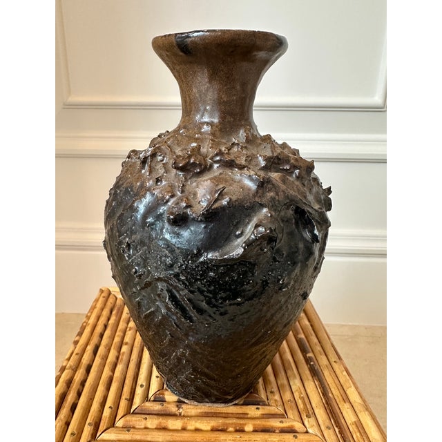 Vintage 1970’s Signed Brutalist Ceramic Vase in Brown For Sale In Los Angeles - Image 6 of 14