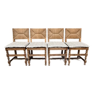 Vintage French Rush Seat Back Oak Dining Chairs Set of Four Bleached Farmhouse For Sale