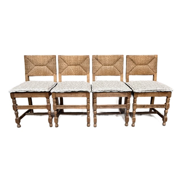 Vintage French Rush Seat Back Oak Dining Chairs Set of Four Bleached Farmhouse For Sale