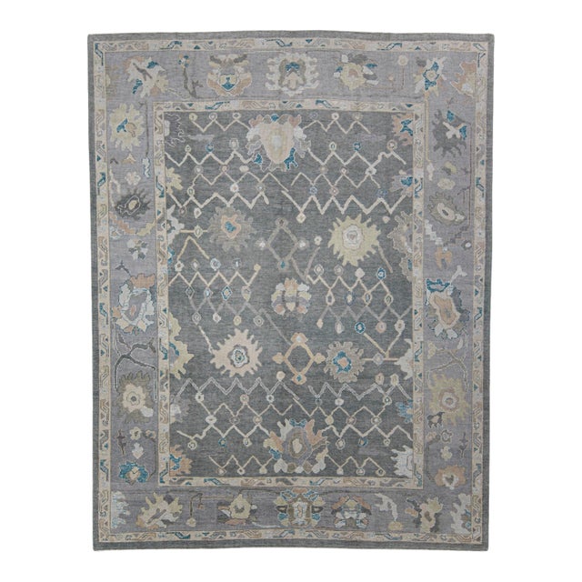 Turkish Oushak Rug Gray, Ivory, and Blue Handwoven Wool Rug 8'11" X 11'8" For Sale