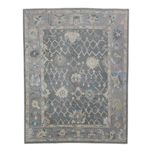 Turkish Oushak Rug Gray, Ivory, and Blue Handwoven Wool Rug 8'11" X 11'8"