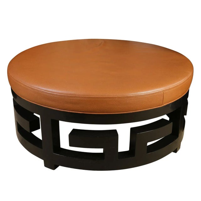 Asian Late 20th Century Round Pebbled Leather Ottoman With Black Fretwork Base For Sale - Image 3 of 3