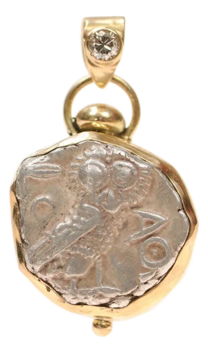 Owl Coin Pendant with Diamond Trimmed in 18K Gold