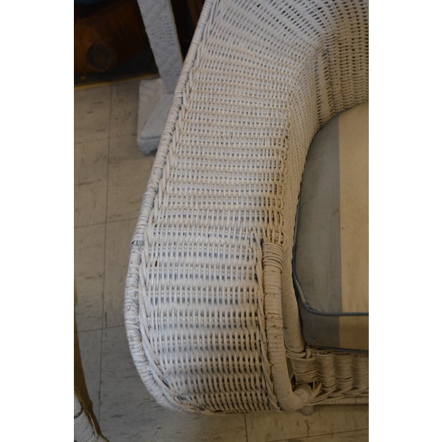 Farmhouse Vintage White Wicker Oversized Fan Back / Cobra Patio Arm Chair With Blue Stripe Cushion For Sale - Image 3 of 12