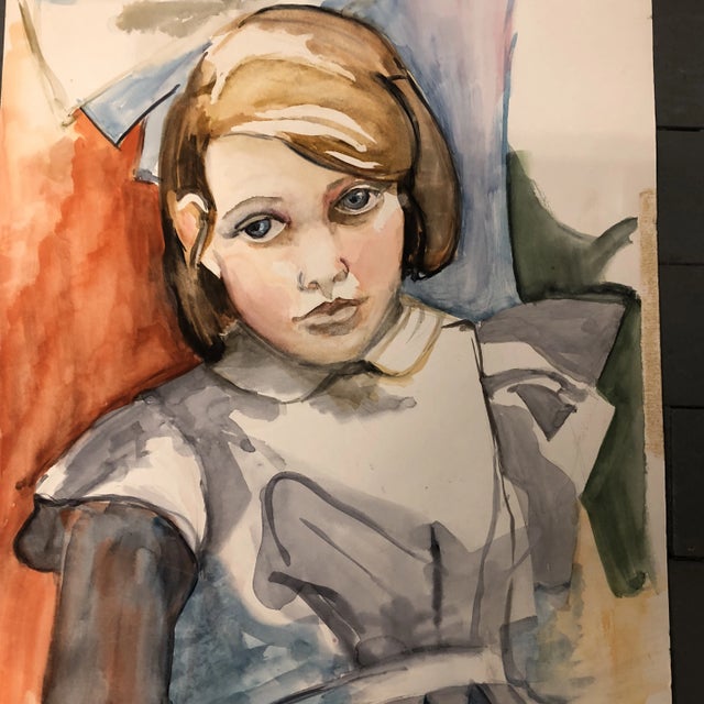 Original Vintage Watercolor Portrait Young Girl With Bow For Sale - Image 4 of 6
