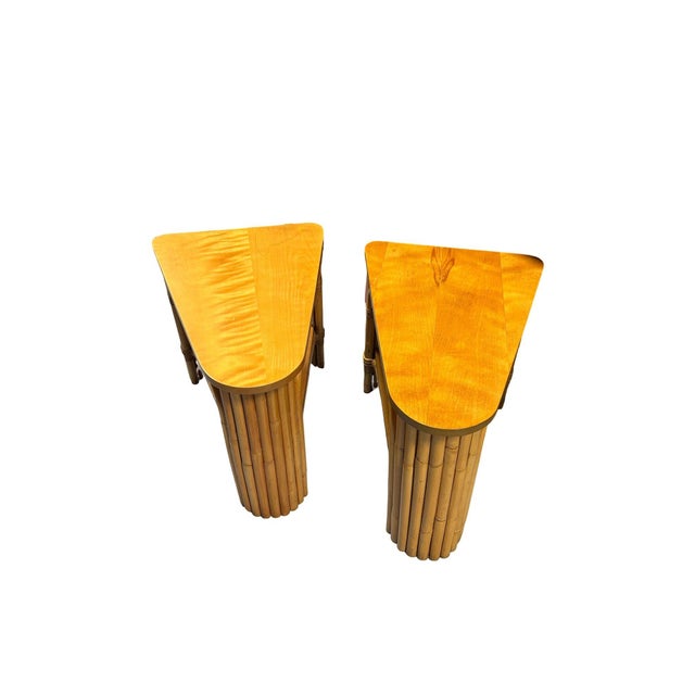 Restored MCM 2-Tiered Vertically Stacked Rattan Arched Wedge Table, Pair For Sale - Image 4 of 6