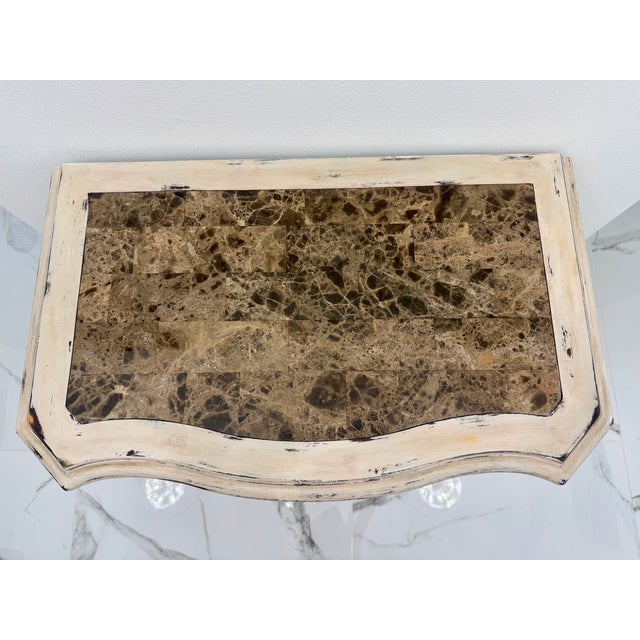 French Provincial Vintage French Provincial Bombé Marble-Top Chest / Distressed Louis XV Style 2-Drawer Commode For Sale - Image 3 of 6