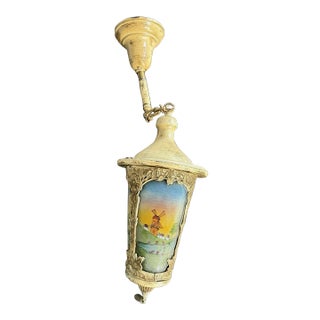 Reverse Painted Windmill Scene Glass Paneled Hanging Lantern or Pendant Light 16x7" (Light Only) For Sale