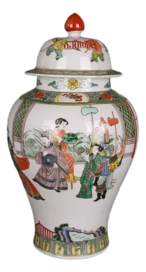 Antique Chinese Ceramic Pot Qing Dynasty Kangxi Marked Famille Verte Porcelain Ginger Jar Hand Painted Figures Pattern