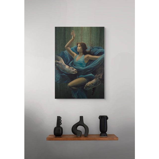 Calm in the Chaos by Terra Novak | Oil on wood Woman in blue with otters in a serene setting For Sale - Image 4 of 5