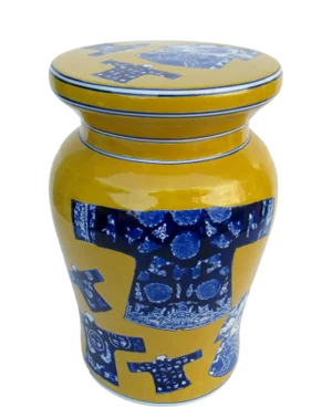 Vintage Ceramic Porcelain Glazed Chinoiserie Yellow & Blue Kimono Indoor/Outdoor Garden Side Table