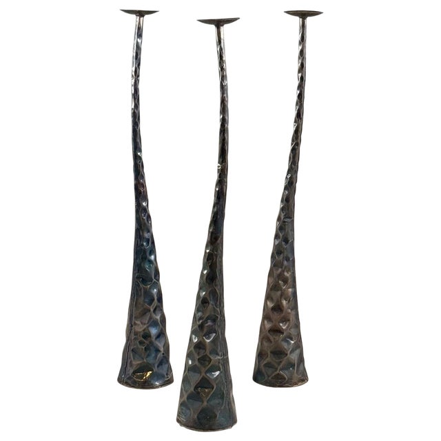 Sculptural Candleholders in Burnished Metal, Italy, 1980s, Set of 3 For Sale