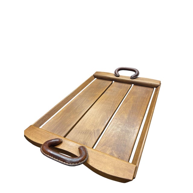 Stitched Leather and Wood Service Tray from Jacques Adnet, 1950s For Sale - Image 4 of 7